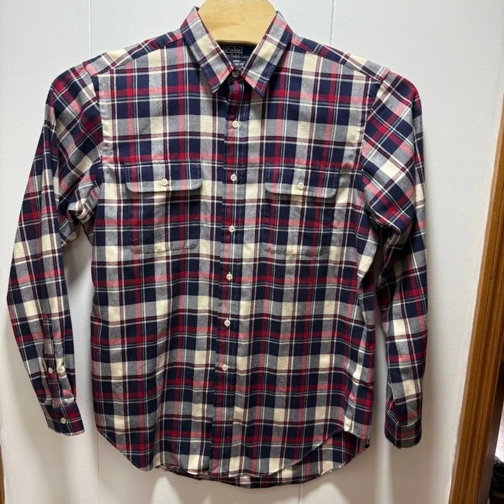 Polo Ralph Lauren Mens Large‎ Classic Fit Plaid Flannel Shirt Navy Red Cotton